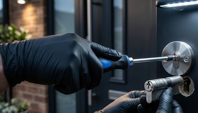 Especialista Cerrajero instalando cerradura anti-bumping de alta seguridad en una vivienda en Las Gabias, Granada